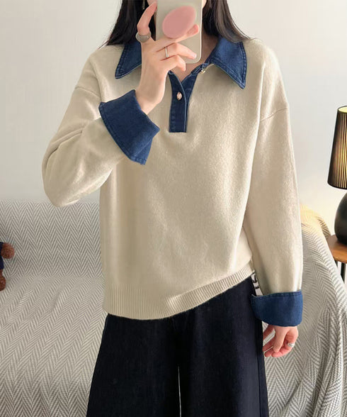 デニム切り替え レイヤード風ニットポロ襟 異素材ドッキングニットトップス 重ね着風 デニム衿ニットプルオーバー レディース おしゃれ 大人カジュアルニット 着やせ 92MRJFS-009