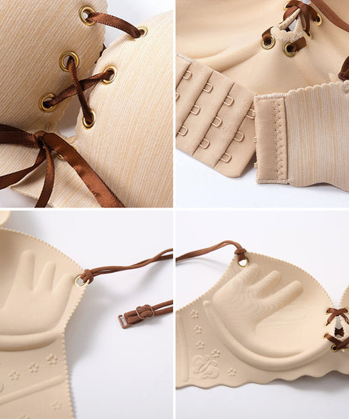 レースアップブラシームレスショーツセット レディース ノンワイヤーランジェリーセット プッシュアップブラ 美尻ショーツ 痛くない 小胸超盛り下着セット 脇スッキリ 92NAMEIZI-002