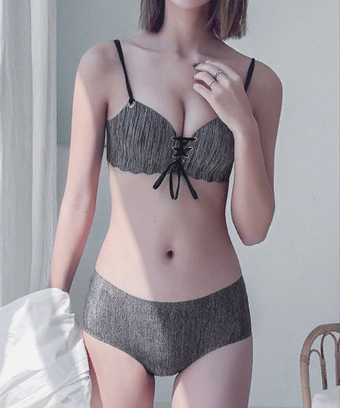 レースアップブラシームレスショーツセット レディース ノンワイヤーランジェリーセット プッシュアップブラ 美尻ショーツ 痛くない 小胸超盛り下着セット 脇スッキリ 92NAMEIZI-002