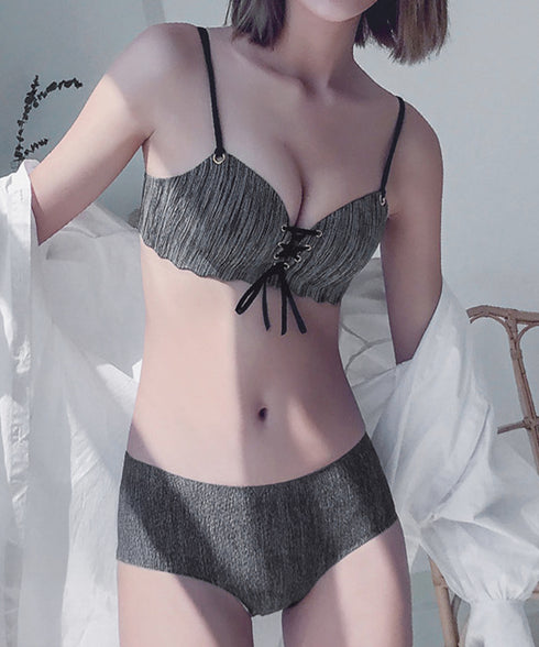 レースアップブラシームレスショーツセット レディース ノンワイヤーランジェリーセット プッシュアップブラ 美尻ショーツ 痛くない 小胸超盛り下着セット 脇スッキリ 92NAMEIZI-002