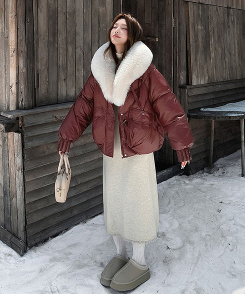 エコダウンジャケットファー襟中綿アウター レディース ショート丈フェイクダウンコート 韓国風ダウンブルゾン 防寒防風保温ジャンパーカジュアルアウター おしゃれ冬服 92NUOXI-001