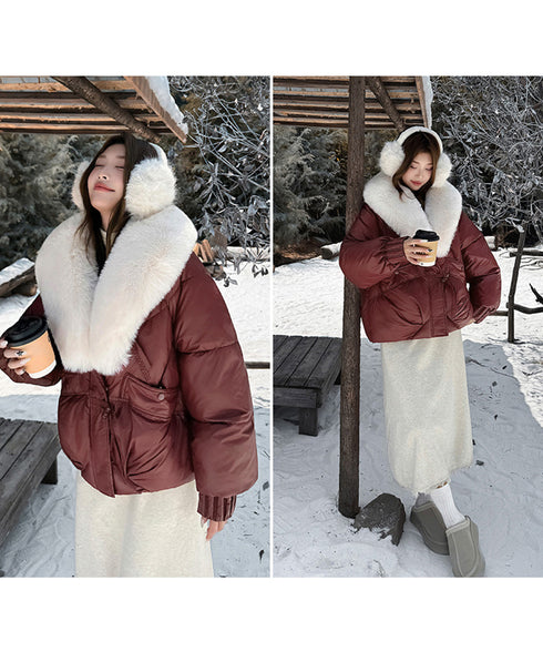 エコダウンジャケットファー襟中綿アウター レディース ショート丈フェイクダウンコート 韓国風ダウンブルゾン 防寒防風保温ジャンパーカジュアルアウター おしゃれ冬服 92NUOXI-001