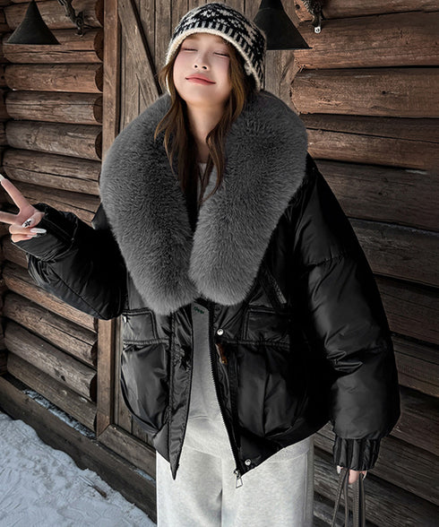 エコダウンジャケットファー襟中綿アウター レディース ショート丈フェイクダウンコート 韓国風ダウンブルゾン 防寒防風保温ジャンパーカジュアルアウター おしゃれ冬服 92NUOXI-001