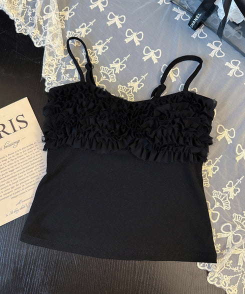 マルチフリルキャミソール カップ付き夏服 レディース大人可愛いキャミインナー 美胸ブラトップ快適 韓国風薄手インナーブラ一体型 お洒落 胸元フリルインナートップス 92QIAODS-002
