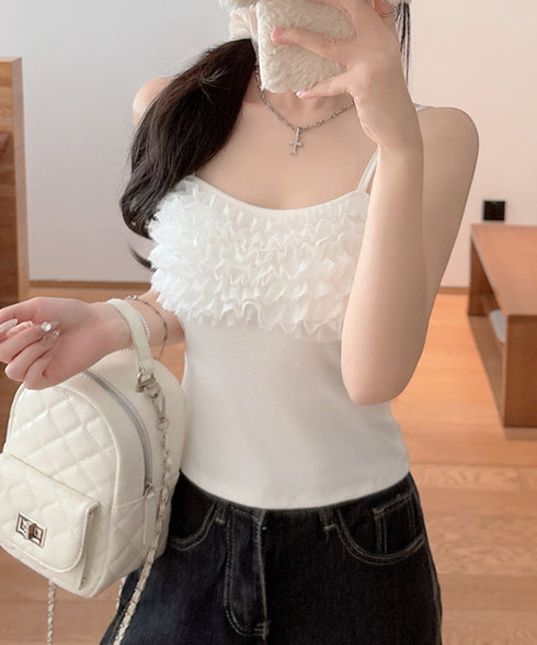 マルチフリルキャミソール カップ付き夏服 レディース大人可愛いキャミインナー 美胸ブラトップ快適 韓国風薄手インナーブラ一体型 お洒落 胸元フリルインナートップス 92QIAODS-002
