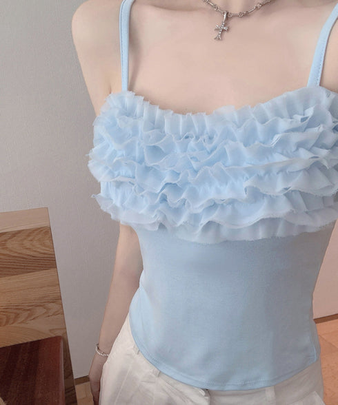 マルチフリルキャミソール カップ付き夏服 レディース大人可愛いキャミインナー 美胸ブラトップ快適 韓国風薄手インナーブラ一体型 お洒落 胸元フリルインナートップス 92QIAODS-002