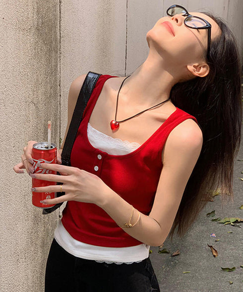 カップ付きタンクトップ重ね着風ブラトップ レイヤード風インナー配色 レースタンク 2枚セット風見せキャミタンク ヘンリーネック リブタンクトップ おしゃれ 着回し 92QIAODS-003