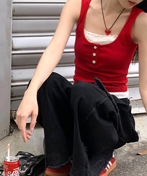 カップ付きタンクトップ重ね着風ブラトップ レイヤード風インナー配色 レースタンク 2枚セット風見せキャミタンク ヘンリーネック リブタンクトップ おしゃれ 着回し 92QIAODS-003