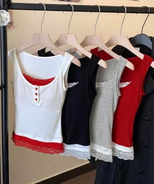 カップ付きタンクトップ重ね着風ブラトップ レイヤード風インナー配色 レースタンク 2枚セット風見せキャミタンク ヘンリーネック リブタンクトップ おしゃれ 着回し 92QIAODS-003