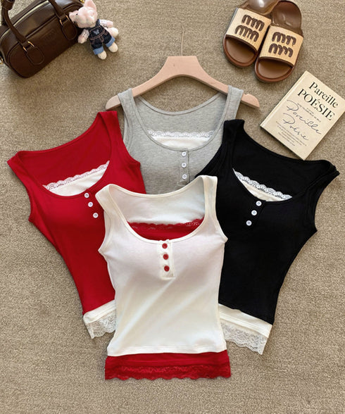 カップ付きタンクトップ重ね着風ブラトップ レイヤード風インナー配色 レースタンク 2枚セット風見せキャミタンク ヘンリーネック リブタンクトップ おしゃれ 着回し 92QIAODS-003