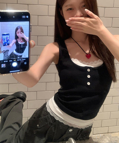 カップ付きタンクトップ重ね着風ブラトップ レイヤード風インナー配色 レースタンク 2枚セット風見せキャミタンク ヘンリーネック リブタンクトップ おしゃれ 着回し 92QIAODS-003