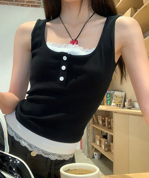 カップ付きタンクトップ重ね着風ブラトップ レイヤード風インナー配色 レースタンク 2枚セット風見せキャミタンク ヘンリーネック リブタンクトップ おしゃれ 着回し 92QIAODS-003