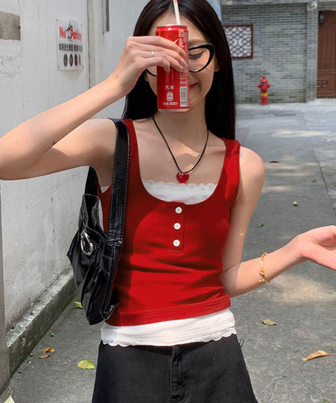 カップ付きタンクトップ重ね着風ブラトップ レイヤード風インナー配色 レースタンク 2枚セット風見せキャミタンク ヘンリーネック リブタンクトップ おしゃれ 着回し 92QIAODS-003