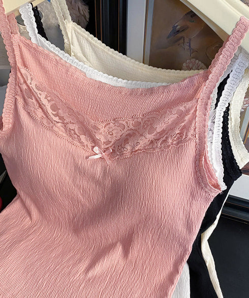 レースキャミソールカップ付きインナー夏服 レディース フロントリボンキャミ おしゃれブラトップ 着回し フェミニンブラキャミ 韓国風 肌見せインナートップス重ね着 92QIAODS-004