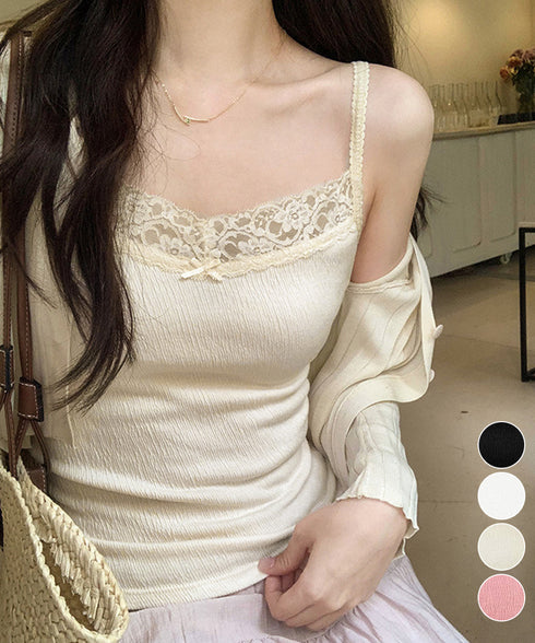 レースキャミソールカップ付きインナー夏服 レディース フロントリボンキャミ おしゃれブラトップ 着回し フェミニンブラキャミ 韓国風 肌見せインナートップス重ね着 92QIAODS-004