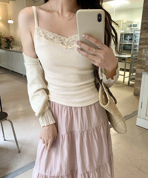 レースキャミソールカップ付きインナー夏服 レディース フロントリボンキャミ おしゃれブラトップ 着回し フェミニンブラキャミ 韓国風 肌見せインナートップス重ね着 92QIAODS-004