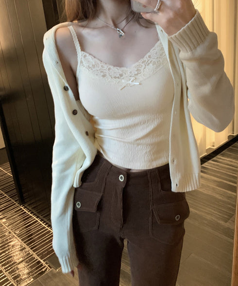 レースキャミソールカップ付きインナー夏服 レディース フロントリボンキャミ おしゃれブラトップ 着回し フェミニンブラキャミ 韓国風 肌見せインナートップス重ね着 92QIAODS-004