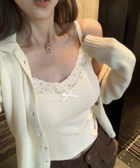 レースキャミソールカップ付きインナー夏服 レディース フロントリボンキャミ おしゃれブラトップ 着回し フェミニンブラキャミ 韓国風 肌見せインナートップス重ね着 92QIAODS-004