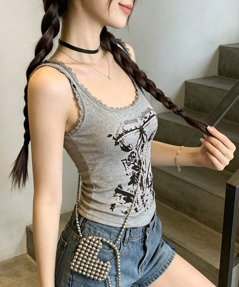 Y2Kタンクトップカップ付きキャミソール レース地雷系夏服 ヴィンテージ風トップスノースリーブ ショート丈リブタンク サブカルギャル風ビスチェ セクシーダンス衣装 92QIAODS-006