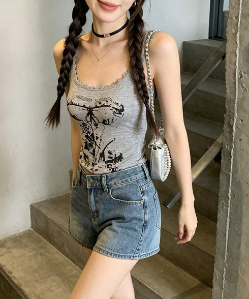 Y2Kタンクトップカップ付きキャミソール レース地雷系夏服 ヴィンテージ風トップスノースリーブ ショート丈リブタンク サブカルギャル風ビスチェ セクシーダンス衣装 92QIAODS-006