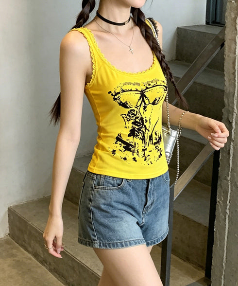 Y2Kタンクトップカップ付きキャミソール レース地雷系夏服 ヴィンテージ風トップスノースリーブ ショート丈リブタンク サブカルギャル風ビスチェ セクシーダンス衣装 92QIAODS-006