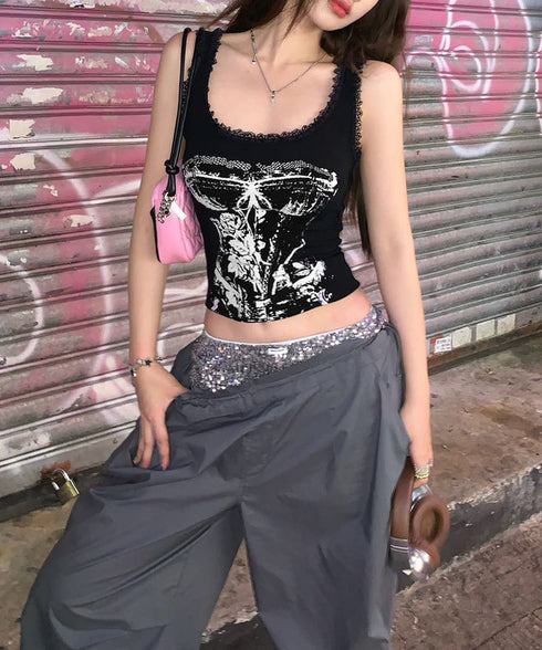 Y2Kタンクトップカップ付きキャミソール レース地雷系夏服 ヴィンテージ風トップスノースリーブ ショート丈リブタンク サブカルギャル風ビスチェ セクシーダンス衣装 92QIAODS-006