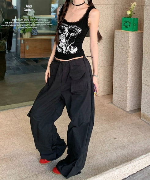 Y2Kタンクトップカップ付きキャミソール レース地雷系夏服 ヴィンテージ風トップスノースリーブ ショート丈リブタンク サブカルギャル風ビスチェ セクシーダンス衣装 92QIAODS-006