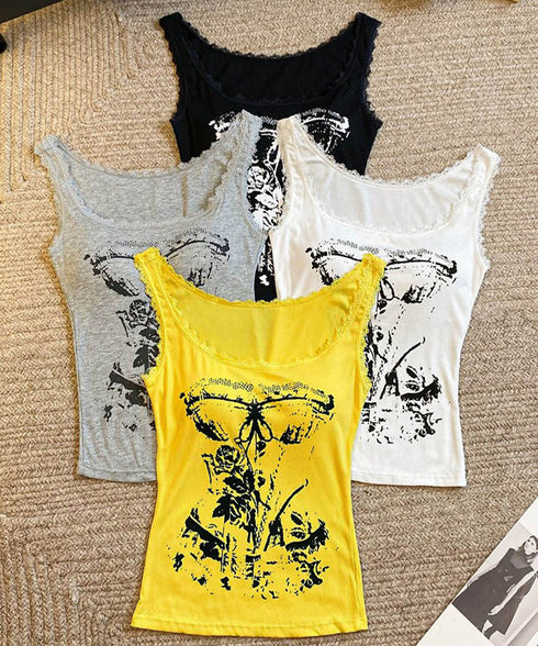 Y2Kタンクトップカップ付きキャミソール レース地雷系夏服 ヴィンテージ風トップスノースリーブ ショート丈リブタンク サブカルギャル風ビスチェ セクシーダンス衣装 92QIAODS-006