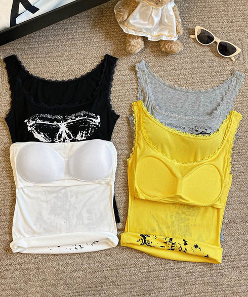 Y2Kタンクトップカップ付きキャミソール レース地雷系夏服 ヴィンテージ風トップスノースリーブ ショート丈リブタンク サブカルギャル風ビスチェ セクシーダンス衣装 92QIAODS-006