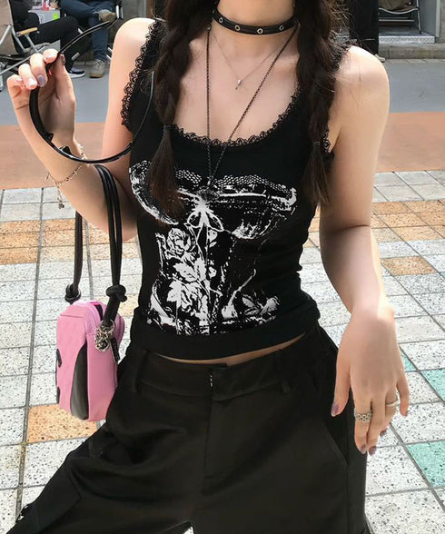 Y2Kタンクトップカップ付きキャミソール レース地雷系夏服 ヴィンテージ風トップスノースリーブ ショート丈リブタンク サブカルギャル風ビスチェ セクシーダンス衣装 92QIAODS-006