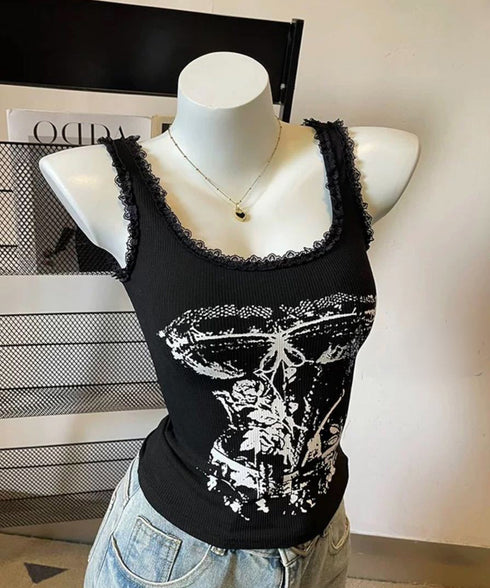 Y2Kタンクトップカップ付きキャミソール レース地雷系夏服 ヴィンテージ風トップスノースリーブ ショート丈リブタンク サブカルギャル風ビスチェ セクシーダンス衣装 92QIAODS-006