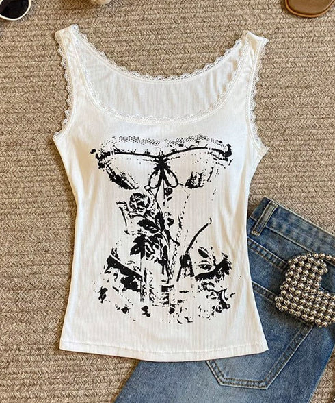 Y2Kタンクトップカップ付きキャミソール レース地雷系夏服 ヴィンテージ風トップスノースリーブ ショート丈リブタンク サブカルギャル風ビスチェ セクシーダンス衣装 92QIAODS-006