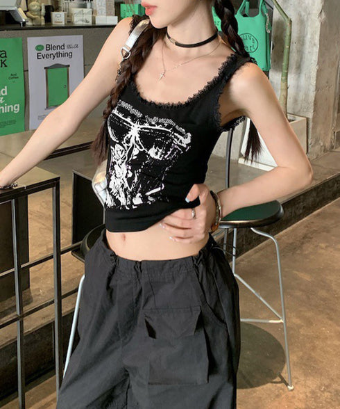 Y2Kタンクトップカップ付きキャミソール レース地雷系夏服 ヴィンテージ風トップスノースリーブ ショート丈リブタンク サブカルギャル風ビスチェ セクシーダンス衣装 92QIAODS-006