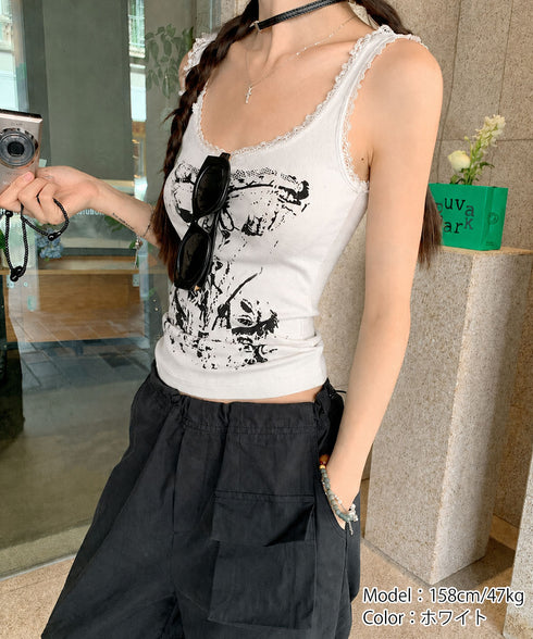 Y2Kタンクトップカップ付きキャミソール レース地雷系夏服 ヴィンテージ風トップスノースリーブ ショート丈リブタンク サブカルギャル風ビスチェ セクシーダンス衣装 92QIAODS-006