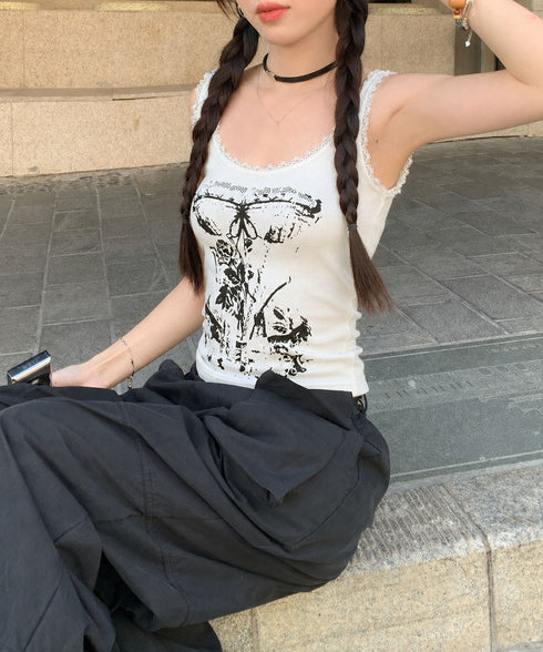 Y2Kタンクトップカップ付きキャミソール レース地雷系夏服 ヴィンテージ風トップスノースリーブ ショート丈リブタンク サブカルギャル風ビスチェ セクシーダンス衣装 92QIAODS-006