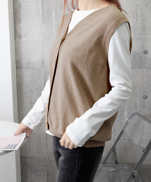 Vネックニットベストレディースニットジレ オフィスカジュアル ノースリーブニットトップス レイヤードニットタンク ゆったりニットチョッキ春秋冬 前開き重ね着ニット 92QL-001