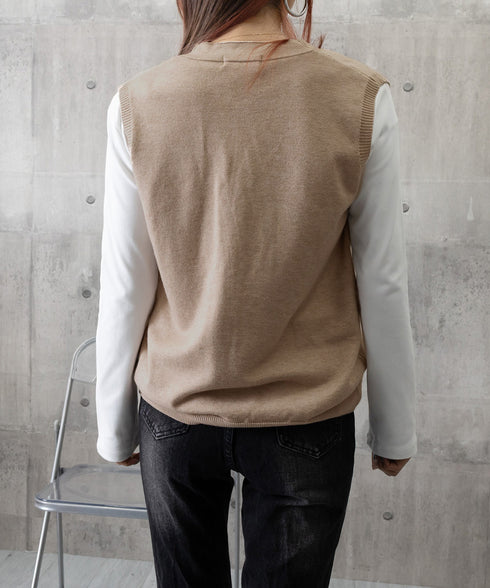 Vネックニットベストレディースニットジレ オフィスカジュアル ノースリーブニットトップス レイヤードニットタンク ゆったりニットチョッキ春秋冬 前開き重ね着ニット 92QL-001