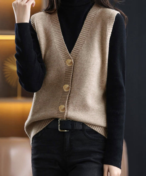 Vネックニットベストレディースニットジレ オフィスカジュアル ノースリーブニットトップス レイヤードニットタンク ゆったりニットチョッキ春秋冬 前開き重ね着ニット 92QL-001