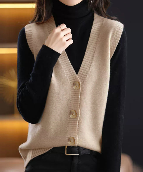 Vネックニットベストレディースニットジレ オフィスカジュアル ノースリーブニットトップス レイヤードニットタンク ゆったりニットチョッキ春秋冬 前開き重ね着ニット 92QL-001