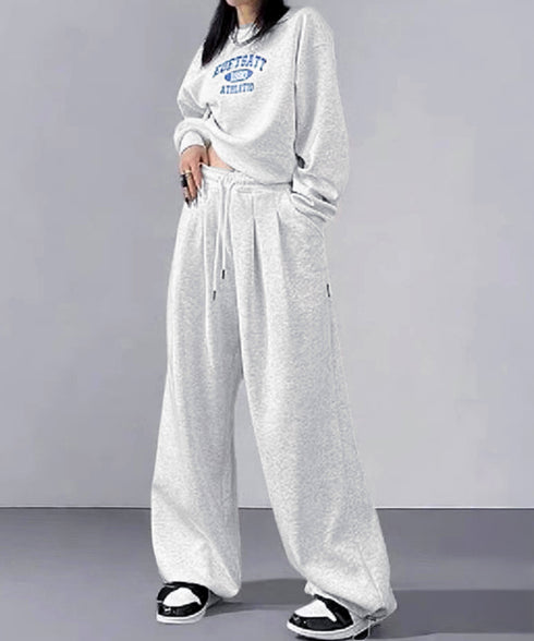 カレッジロゴスウェットセットアップパンツ レディース ロゴプリントスウェットトップス 大人可愛いロゴトレーナー ウエストゴムワイドパンツ ポケット付イージーパンツ 92RUNXUAN-001