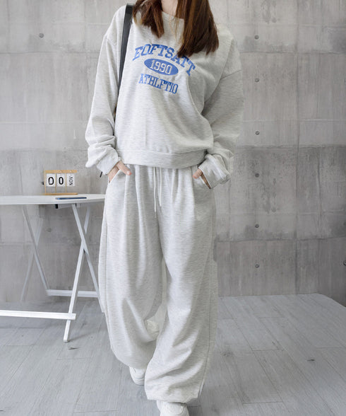 カレッジロゴスウェットセットアップパンツ レディース ロゴプリントスウェットトップス 大人可愛いロゴトレーナー ウエストゴムワイドパンツ ポケット付イージーパンツ 92RUNXUAN-001