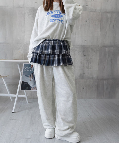 カレッジロゴスウェットセットアップパンツ レディース ロゴプリントスウェットトップス 大人可愛いロゴトレーナー ウエストゴムワイドパンツ ポケット付イージーパンツ 92RUNXUAN-001