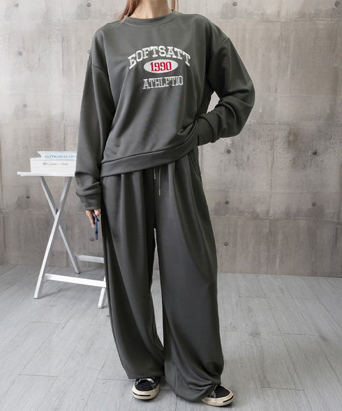 カレッジロゴスウェットセットアップパンツ レディース ロゴプリントスウェットトップス 大人可愛いロゴトレーナー ウエストゴムワイドパンツ ポケット付イージーパンツ 92RUNXUAN-001