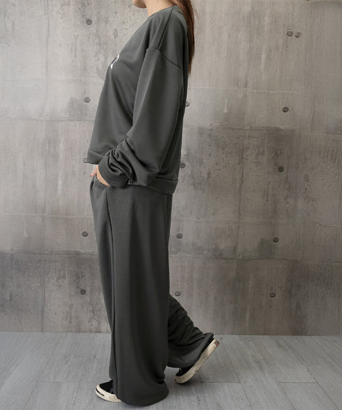 カレッジロゴスウェットセットアップパンツ レディース ロゴプリントスウェットトップス 大人可愛いロゴトレーナー ウエストゴムワイドパンツ ポケット付イージーパンツ 92RUNXUAN-001