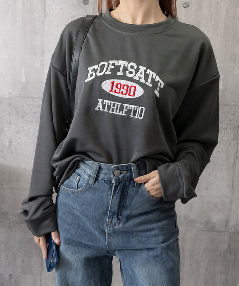 カレッジロゴスウェットセットアップパンツ レディース ロゴプリントスウェットトップス 大人可愛いロゴトレーナー ウエストゴムワイドパンツ ポケット付イージーパンツ 92RUNXUAN-001