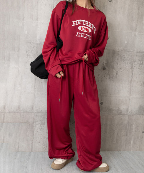 カレッジロゴスウェットセットアップパンツ レディース ロゴプリントスウェットトップス 大人可愛いロゴトレーナー ウエストゴムワイドパンツ ポケット付イージーパンツ 92RUNXUAN-001