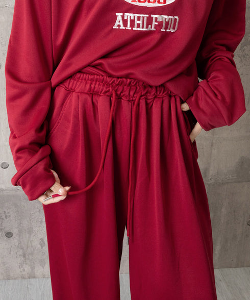 カレッジロゴスウェットセットアップパンツ レディース ロゴプリントスウェットトップス 大人可愛いロゴトレーナー ウエストゴムワイドパンツ ポケット付イージーパンツ 92RUNXUAN-001