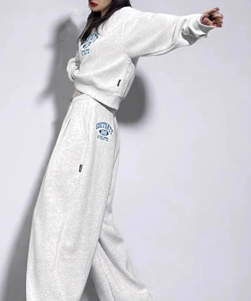 カレッジロゴスウェットセットアップパンツ レディース ロゴプリントスウェットトップス 大人可愛いロゴトレーナー ウエストゴムワイドパンツ ポケット付イージーパンツ 92RUNXUAN-001