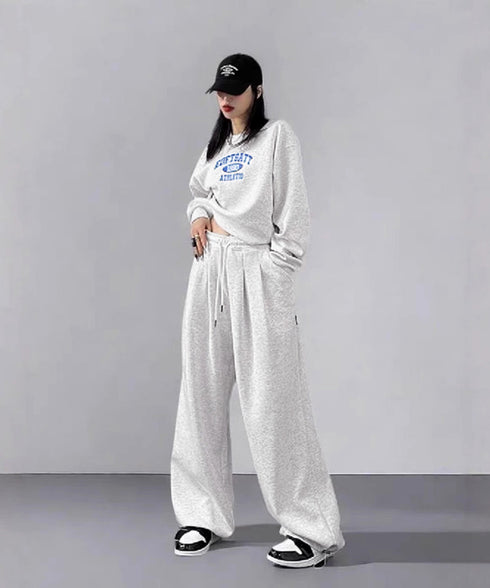 カレッジロゴスウェットセットアップパンツ レディース ロゴプリントスウェットトップス 大人可愛いロゴトレーナー ウエストゴムワイドパンツ ポケット付イージーパンツ 92RUNXUAN-001