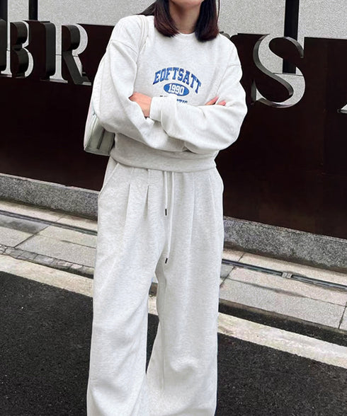 カレッジロゴスウェットセットアップパンツ レディース ロゴプリントスウェットトップス 大人可愛いロゴトレーナー ウエストゴムワイドパンツ ポケット付イージーパンツ 92RUNXUAN-001